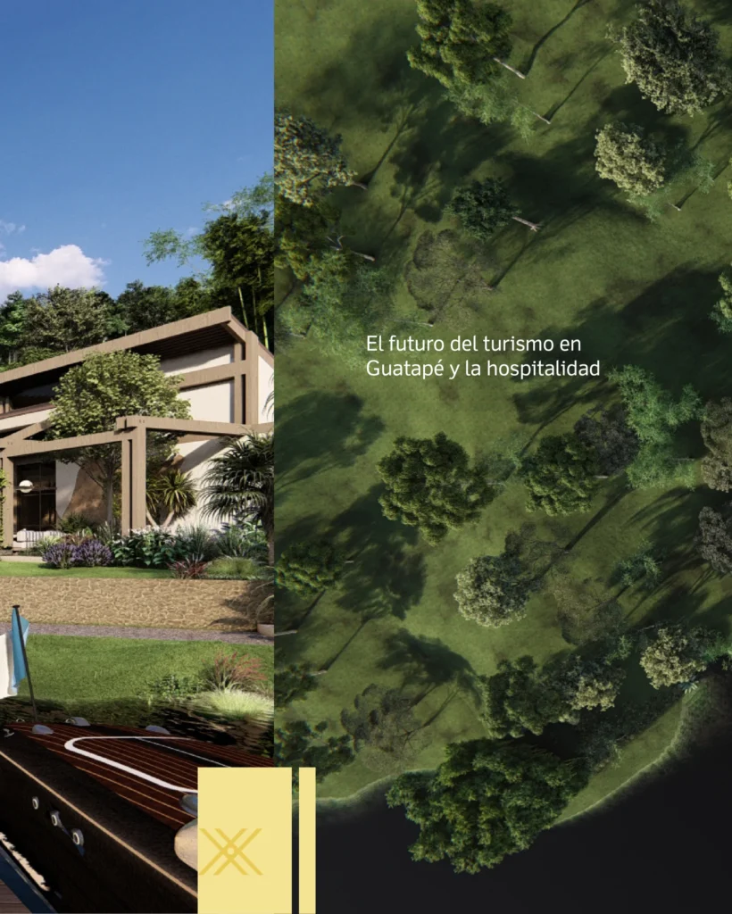 Render de turismo y hospitalidad del Proyecto Eliseo en Guatapé — XION GROUP